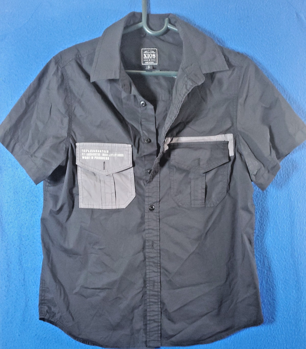 XIOS New York Men S Short Sleeve Button Up Shirt Black Graphic Utility Techwear